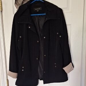 Jones New York Black Utility Jacket with Beige Cuff Detail And Removable Hood